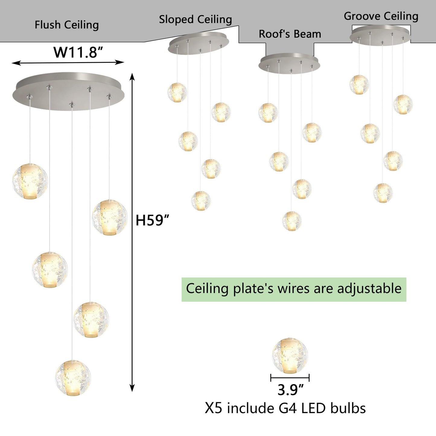 HAIXIANG 5 Lights Globe Chandelier Modern Crystal Glam Light LED Warm Light Pendant Lights for Dining Room Kitchen Island Brushed Nickel Lighting Fixture