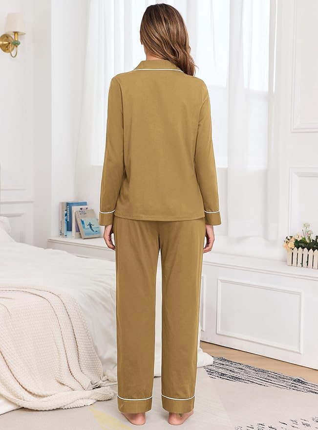 Veseacky 100% Cotton Pajamas for Women Set Long Sleeve Button Down Sleepwear Soft Pjs Lounge Sets with Pockets XS-XXL