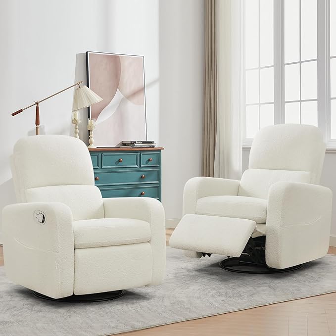 AEMEIOS Swivel Rocker Recliner, Oversized Boucle Glider Recliner Nursery, Manual Swivel Rocking Reclining Chairs with Removable Cushion and Lumbar Support for Nursery Living Room Bedroom, Teddy White