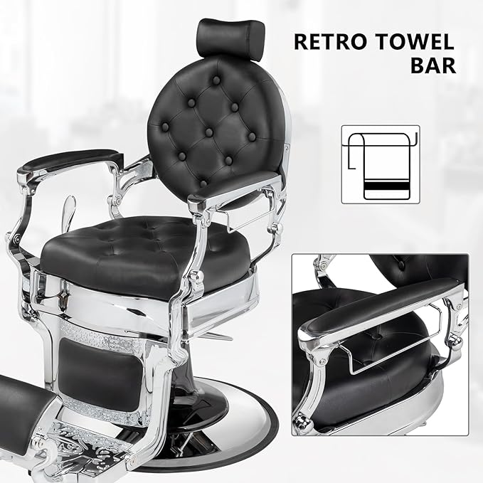 OmySalon Vintage Barber Chair All Purpose Heavy Duty, Hydraulic Recline Salon Beauty Styling Chair Retro, 360 Degree Swivel for Hair Stylist Tattoo, Round Base, Tufted Button