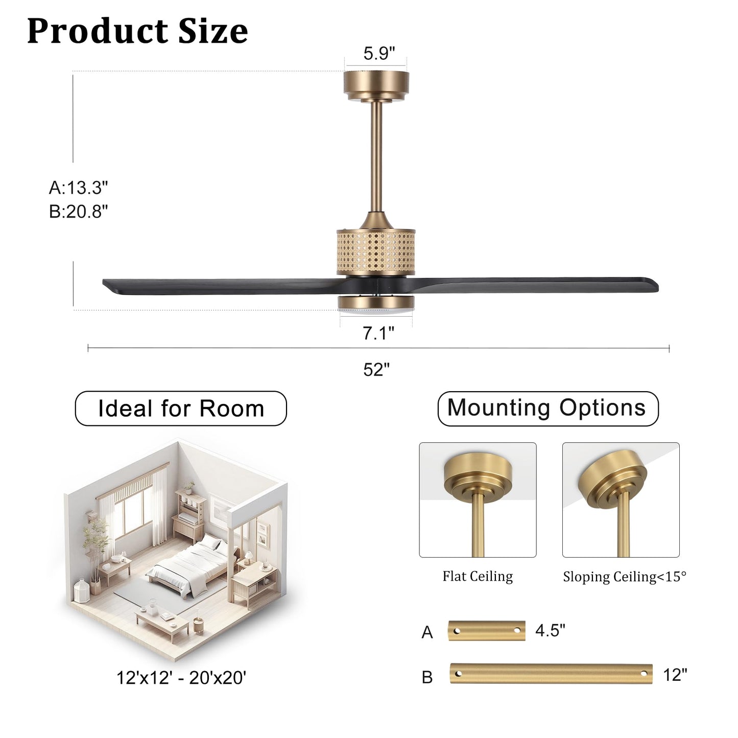 LEDLUX 52" Ceiling Fan with Light – Remote Control, Solid Wood, Quiet Reversible DC Motor, Black/Gold Finish, Includes 4.5"/12" Downrods, Noiseless Ceiling Fan for Bedroom, Living Room, Porch