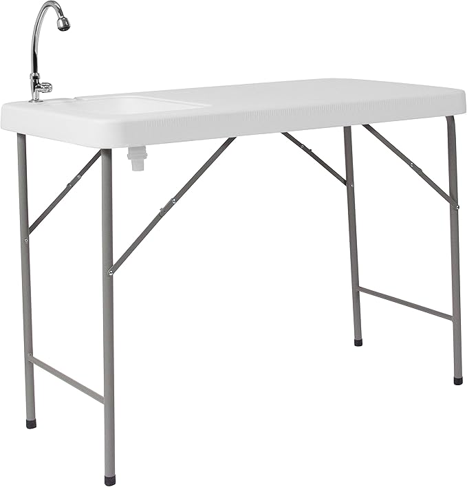 Flash Furniture Wesley 4' Portable Fish Cleaning Table with Sink, Outdoor Portable Folding Camping Sink Table with Faucet,...