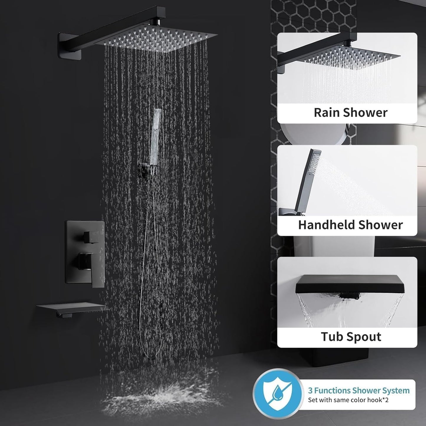 RTTWYYUU Matte Black Shower Faucet 12 Inch Set with Tub Spout, Shower Head and Handle with 2 Hooks Rain System Square Wall Mount for Bathroom