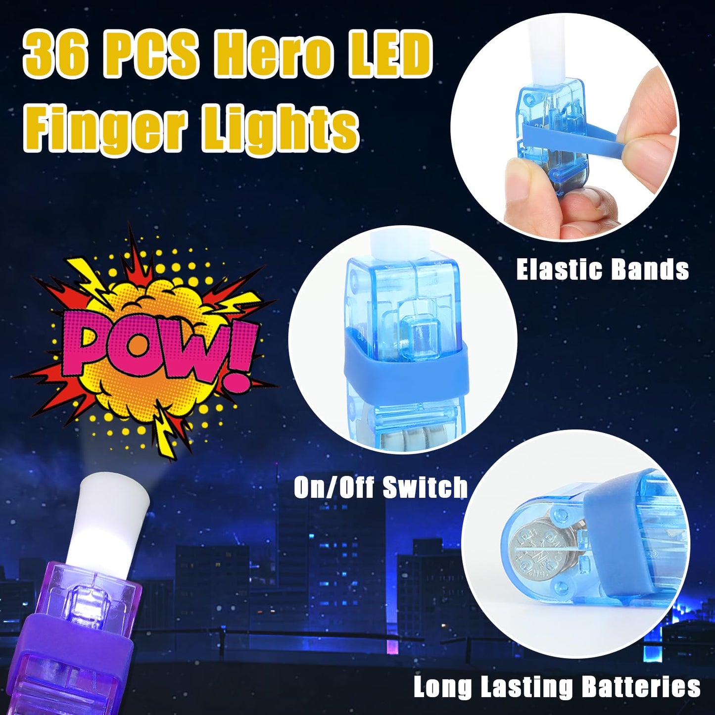 CHUNNIN 36 PCS Super Theme Hero Party Favors Hero LED Light Up Finger Lights, Glow in the Dark Hero Party Finger Light Bulk for Chriatmas Goodie Treat Bags Stuffers Super Birthday Party Supplies