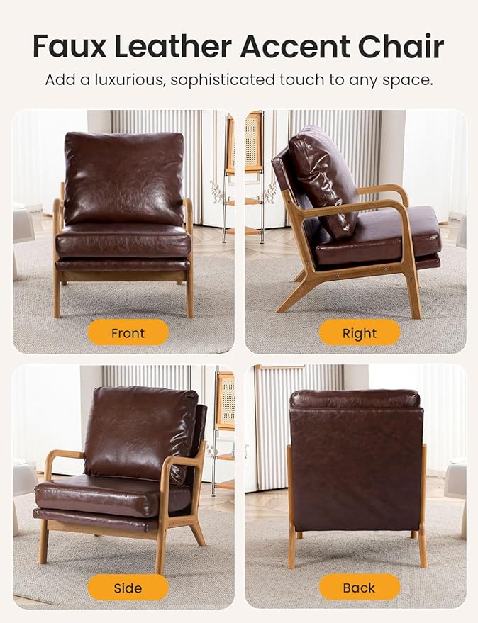Mid Century Modern Accent Chairs for Living Room, 23” Wide Comfy Chair for Bedroom, Small Cozy Leather Reading Chairs for Adults, 108° Lounge Arm Chair Indoor with Detachable Cover, 5.5" Foam Cushion