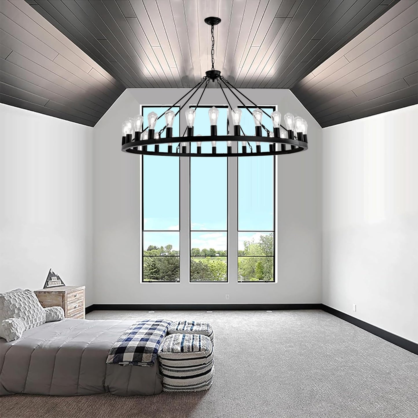 SARUDIIR Wagon Wheel Chandelier Farmhouse 53" 30-Light Large Black Farmhouse Round Wheel Chandelier Light fixtures Outdoor Wagon Wheel Chandeliers for Porch high Ceilings Dining Room Living Room