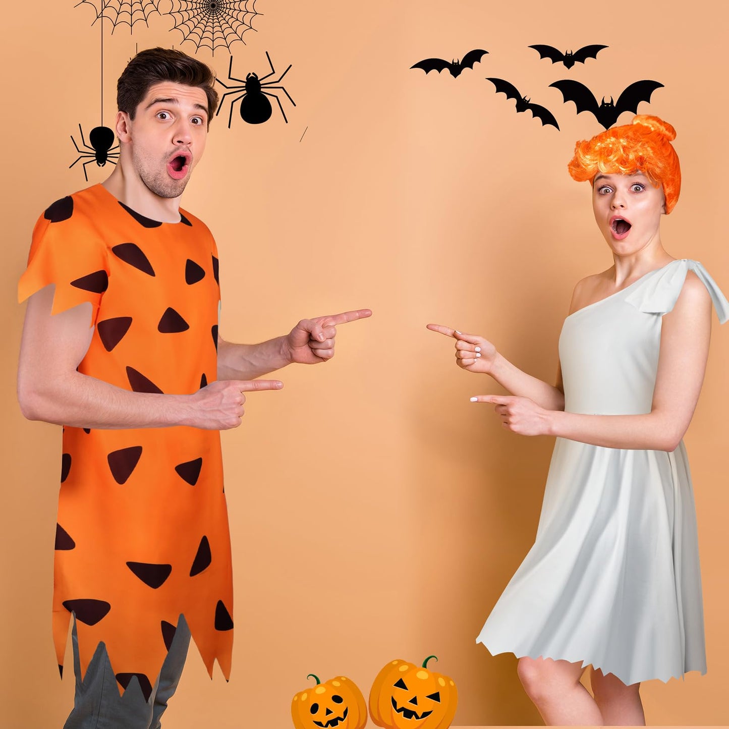 Liitrsh Halloween Women Caveman Costume Set White Dress Orange Wig for Couple Family Stone Period Theme Party Cosplay(XLarge)