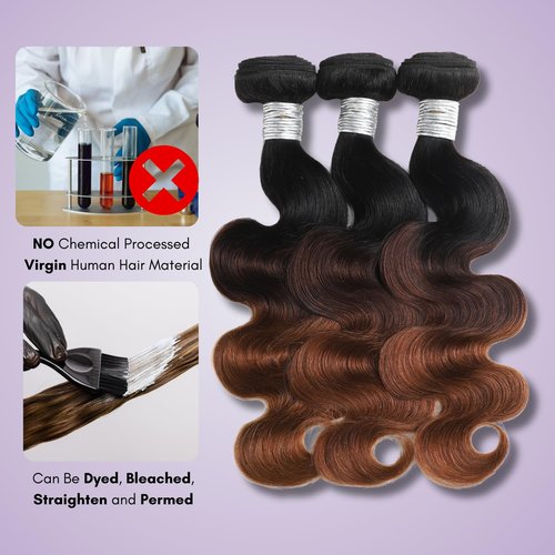 AUROO T1B/2/30 Chestnut Brown Ombre Human Hair Bundles Body Wave 24 Inch, 12A Thick Track 100% Virgin Human Hair Bundles Dark Roots Bundle 3 Tone Ombre Medium Auburn Colored Single Bundle Quick Weaves