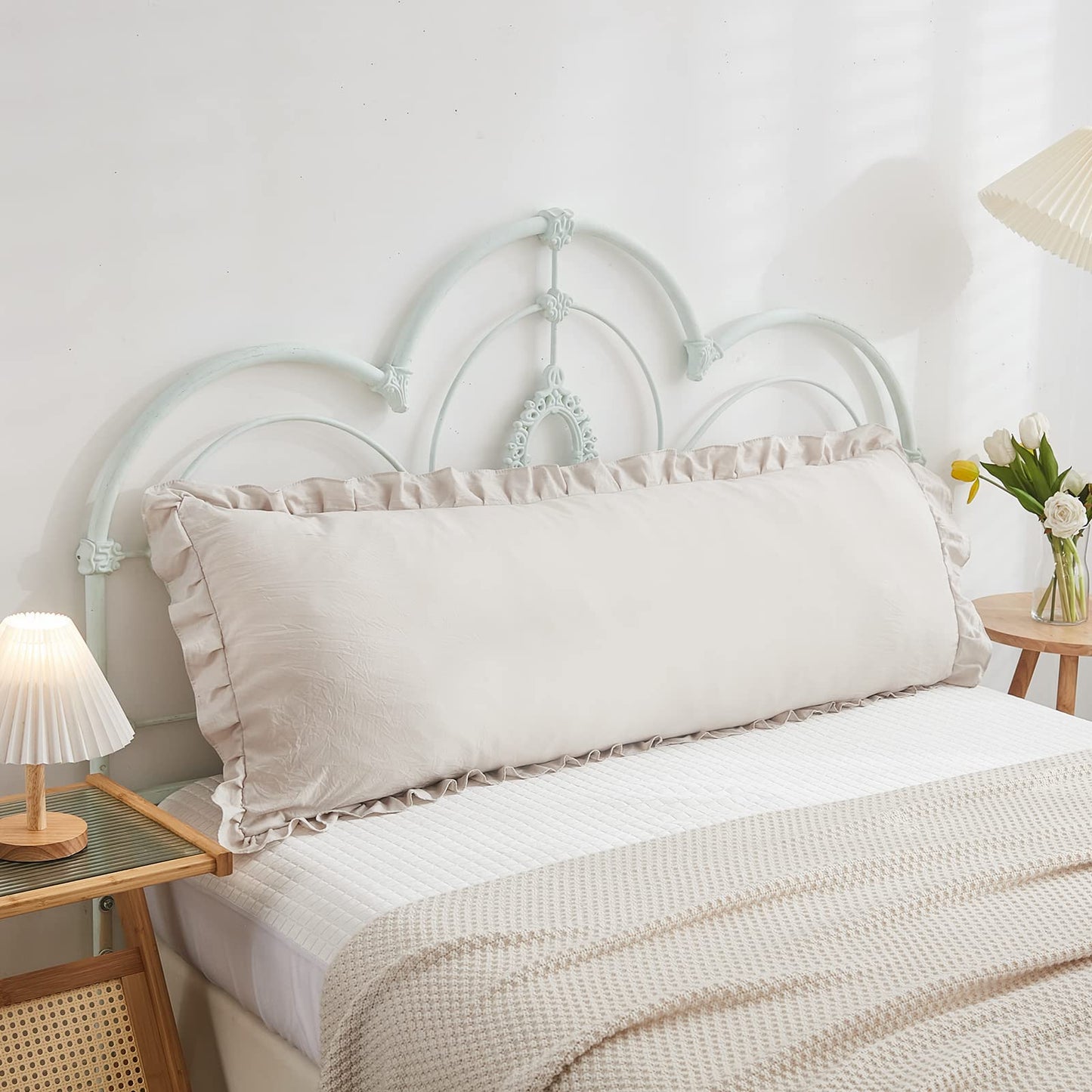 Beige Grey Body Pillow Cover 20x54inches Long Pillowcase Ruffled Pillowcases Shabby Chic Ruffled Fringe Decor Cute Body Ruffled Pillow Sham