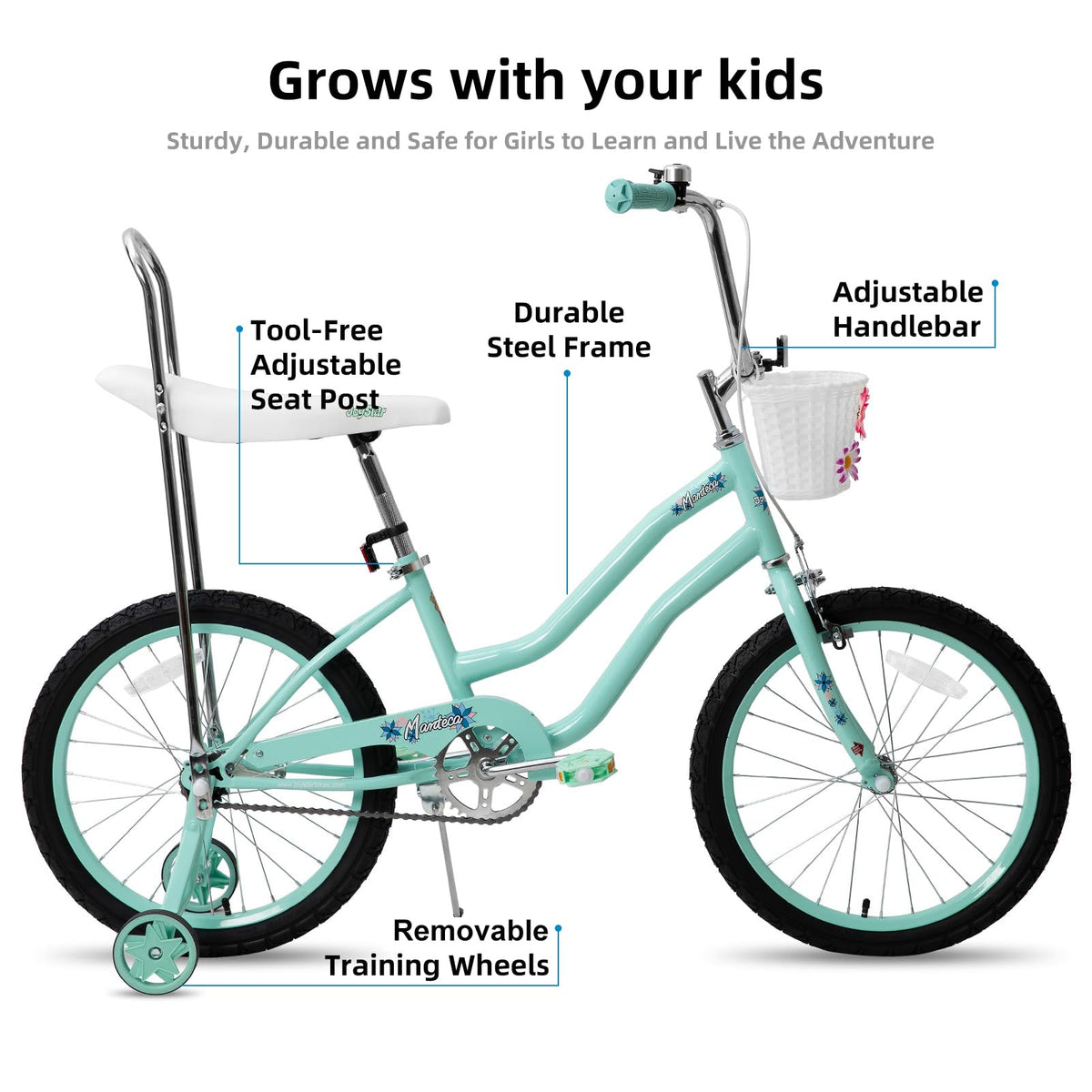 JOYSTAR 20 Inch Kids Bike with Training Wheels, Banana Seat Bicycle for Girls Ages 7-10 Years Old, Kids' Lowrider Bicycle with Front Handbrake and Coaster Brakes, High Rise Handlebar Green