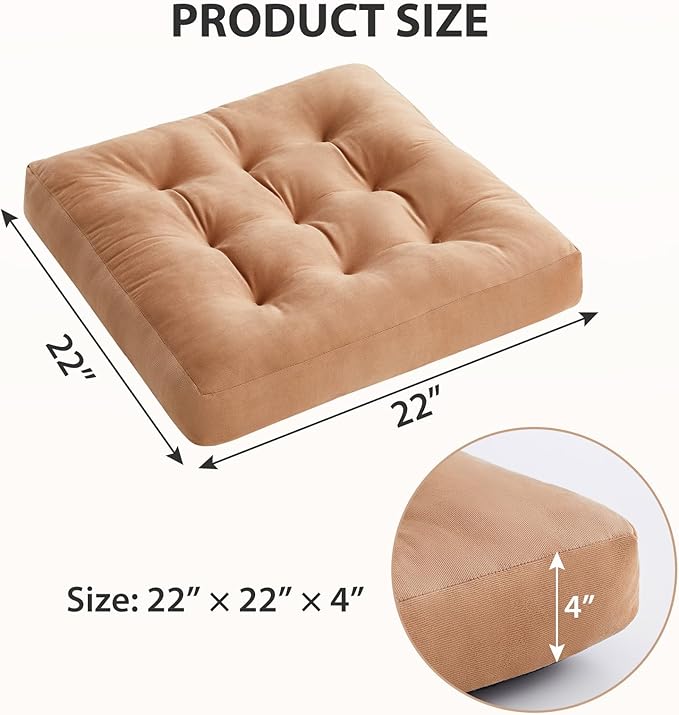 SM-XLHN Meditation Floor Pillow Set of 1, Square Large Pillows Seating for Adults, Meditation Cushion Pillow,Tufted Corduroy Cushion for Tatami Living Room or Yoga, Coffee, 22x22 Inch