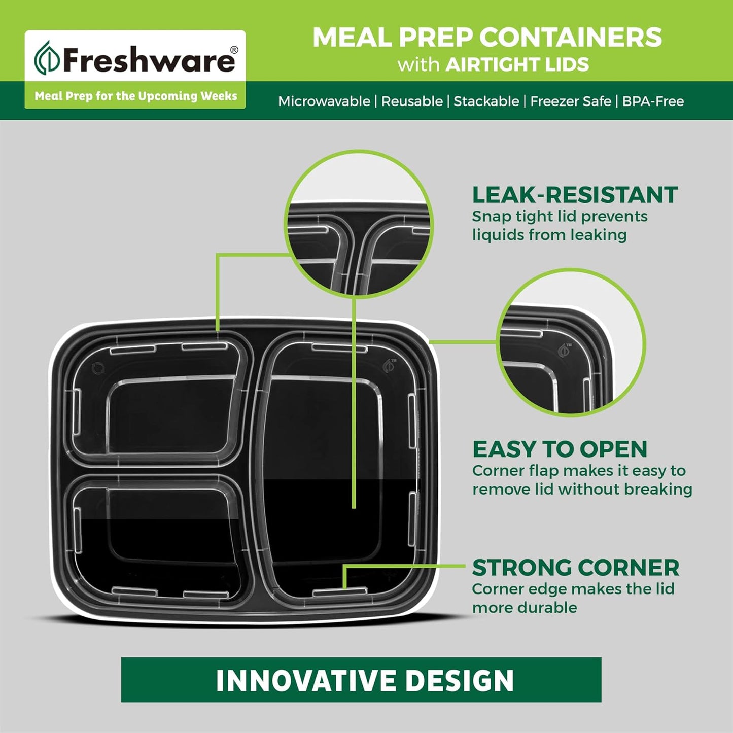 Freshware Meal Prep Containers [50 Pack] 3 Compartment Food Storage Containers with Lids, Bento Box, BPA Free, Stackable, Microwave/Dishwasher/Freezer Safe (24 oz) (Pack of 6)