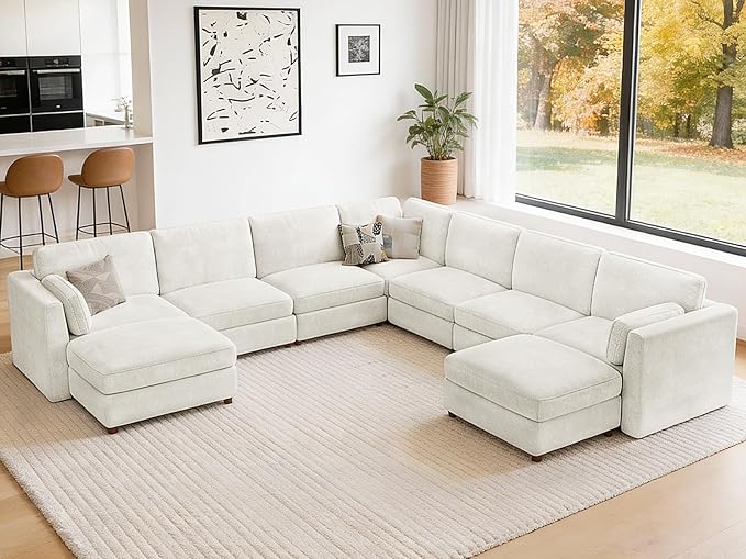 CUGOAO 159'' Modular Sectional Sofa,9-Seater Oversized U-Shaped Sectional Couch with Ottoman, Deep Seat Chenille Cloud Couch, Mordern Upholstered Couches for Living Room, Apartment, Office, Beige
