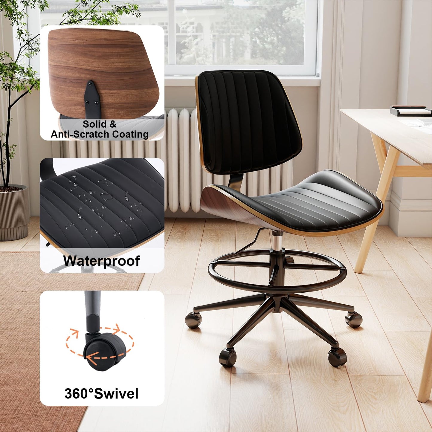 Rongbuk Drafting Chair, Ergonomic Office Chair with Walnut Wood Back Support, Armless PU Leather Desk Chair with Height-Adjustable, Thick Cushion for Home, Bar, Drafting, Office (Black)