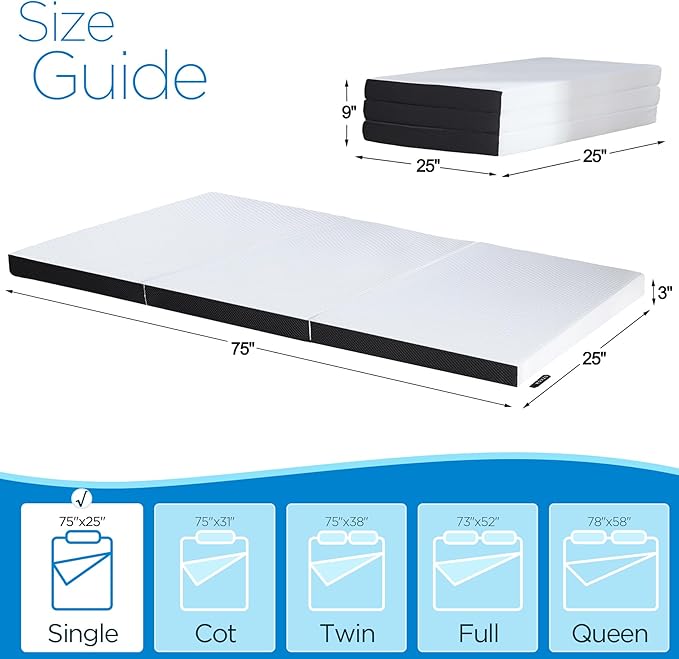 Roxzo 3 inch Single Folding Mattress Topper with Washable Cover,Cooling Mattress Pad for College Dorm Single Bed,Foldable Floor Mattress Guest Bed for Camping 75"x25"x3"