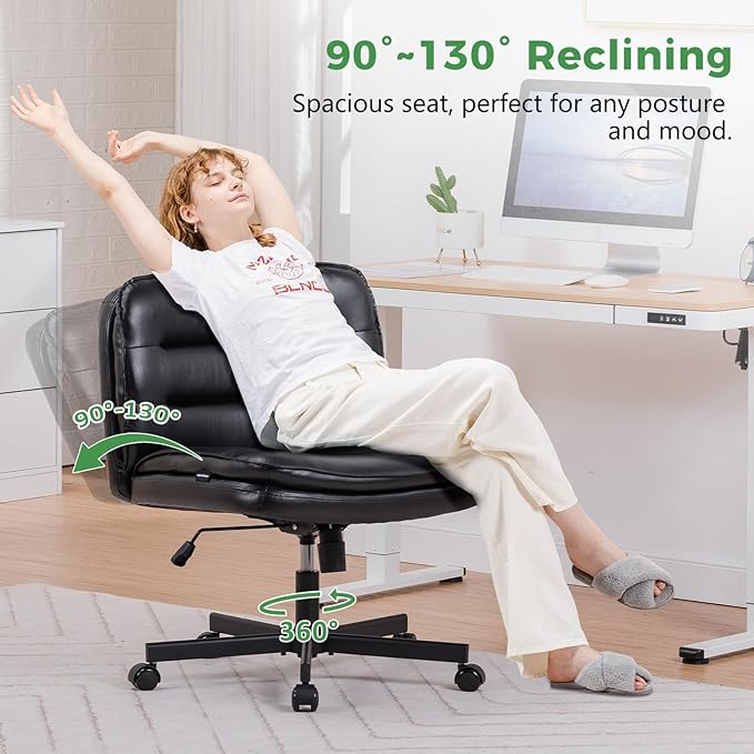 GTRACING Criss Cross Legged Office Chair with Wheels, Extra Wide Armless Comfy Desk Chair for Home Bedroom, 2 Layer Cushion Large Seat & Back Support X-Legged Chair, Black PU Leather Adjustable Height