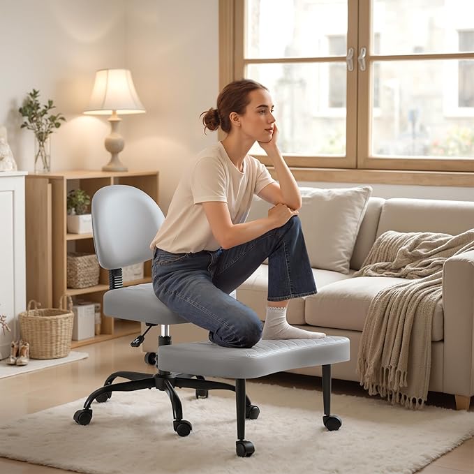 Homall Ergonomic Cross Legged Office Desk Chair with Wheels, 360° Swivel and Adjustable Height for Meditation and ADHD,Criss Cross Kneeling Chair with Lumbar Support (Leather, Grey)