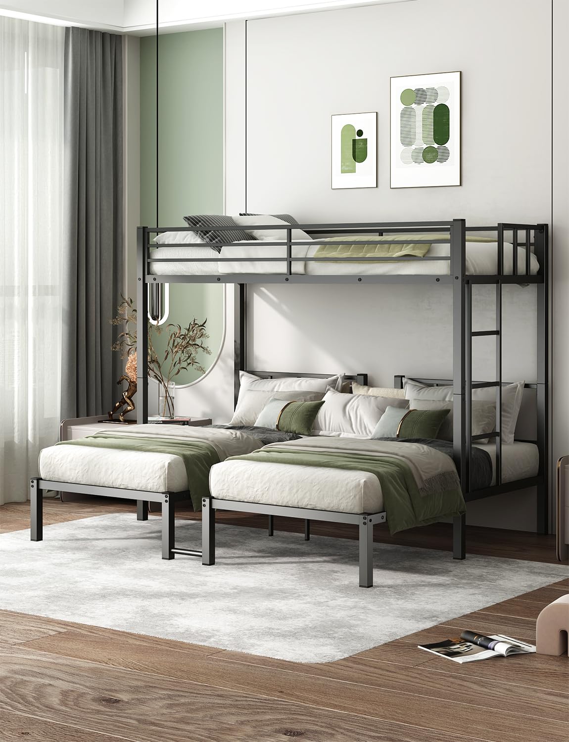HKOLIE Twin Over Twin & Bunk Beds for 3, Triple Bunk Bed for 3 with Guardrails, Ladder & Upper-Bed Platform, for Children, Teens, Adults, No Box Spring Needed, Black