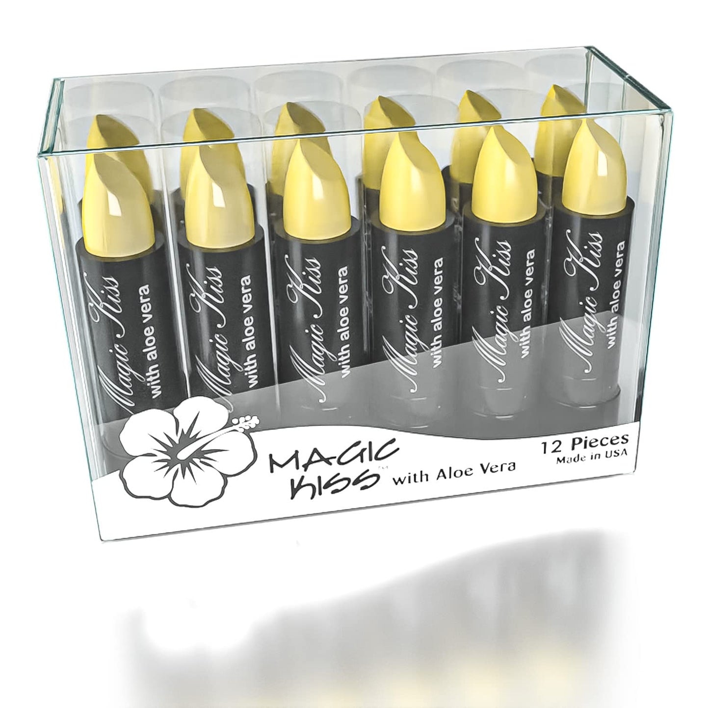 Magic Kiss Pack of 12 Color Changing Aloe Vera Lipstick set, MADE IN USA (Yellow)