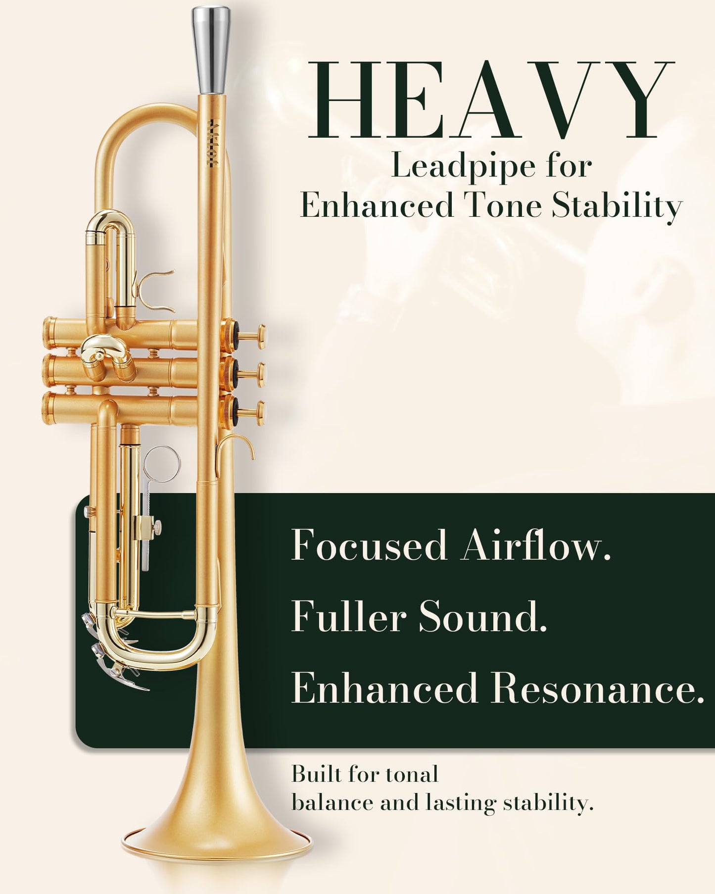 Aklot Weighted Leadpipe Bb Trumpet: Electroplated Nickel Pistons, Brushed Matte Gold, Leather Finger Guard, Weighted And Standar