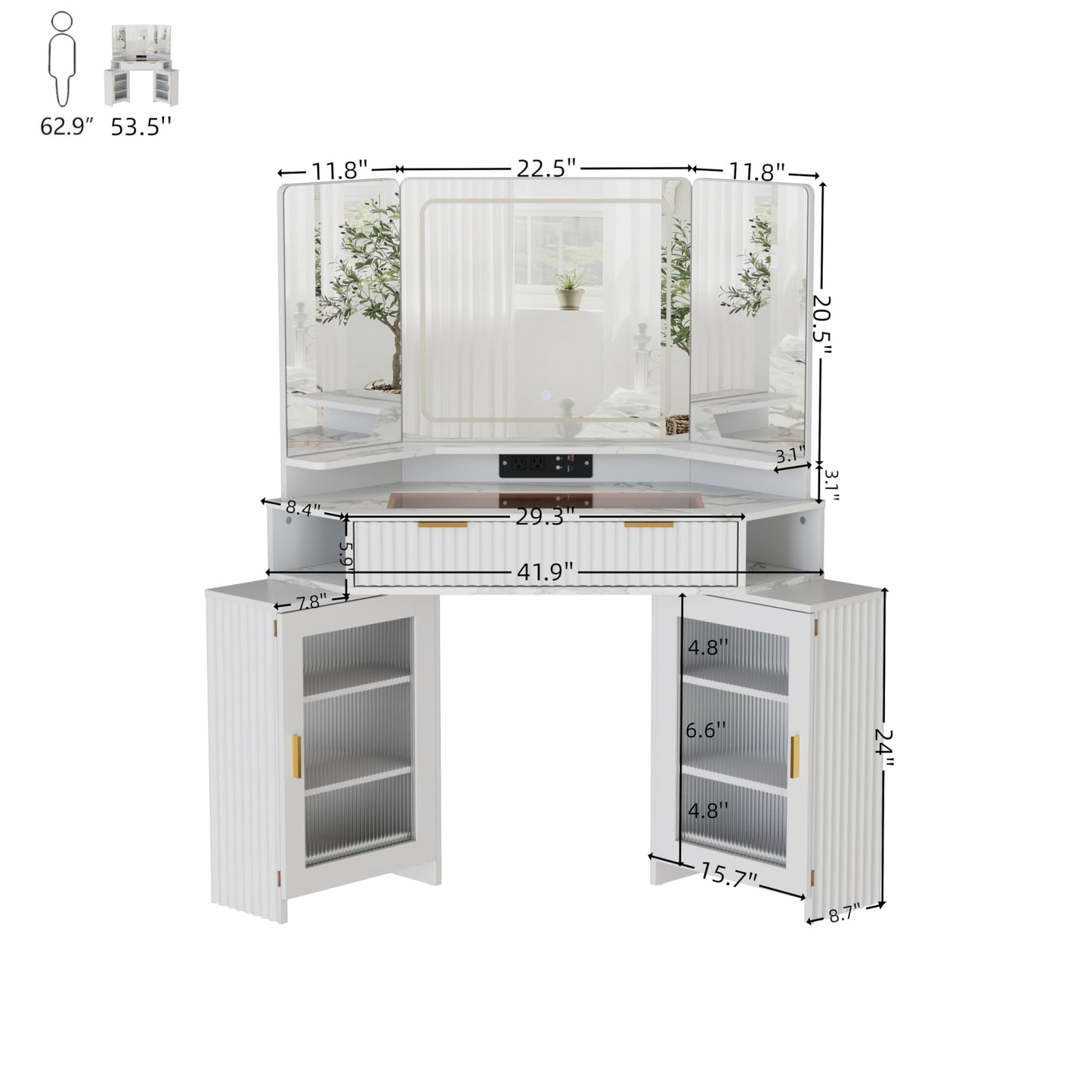 PAKASEPT Corner Vanity Desk with 3 Way Mirror and Lights, Fluted Makeup Vanity Desk with Glass Top, Charging Station, Storage Cabinets & Drawers, Small Corner Vanity for Bedroom