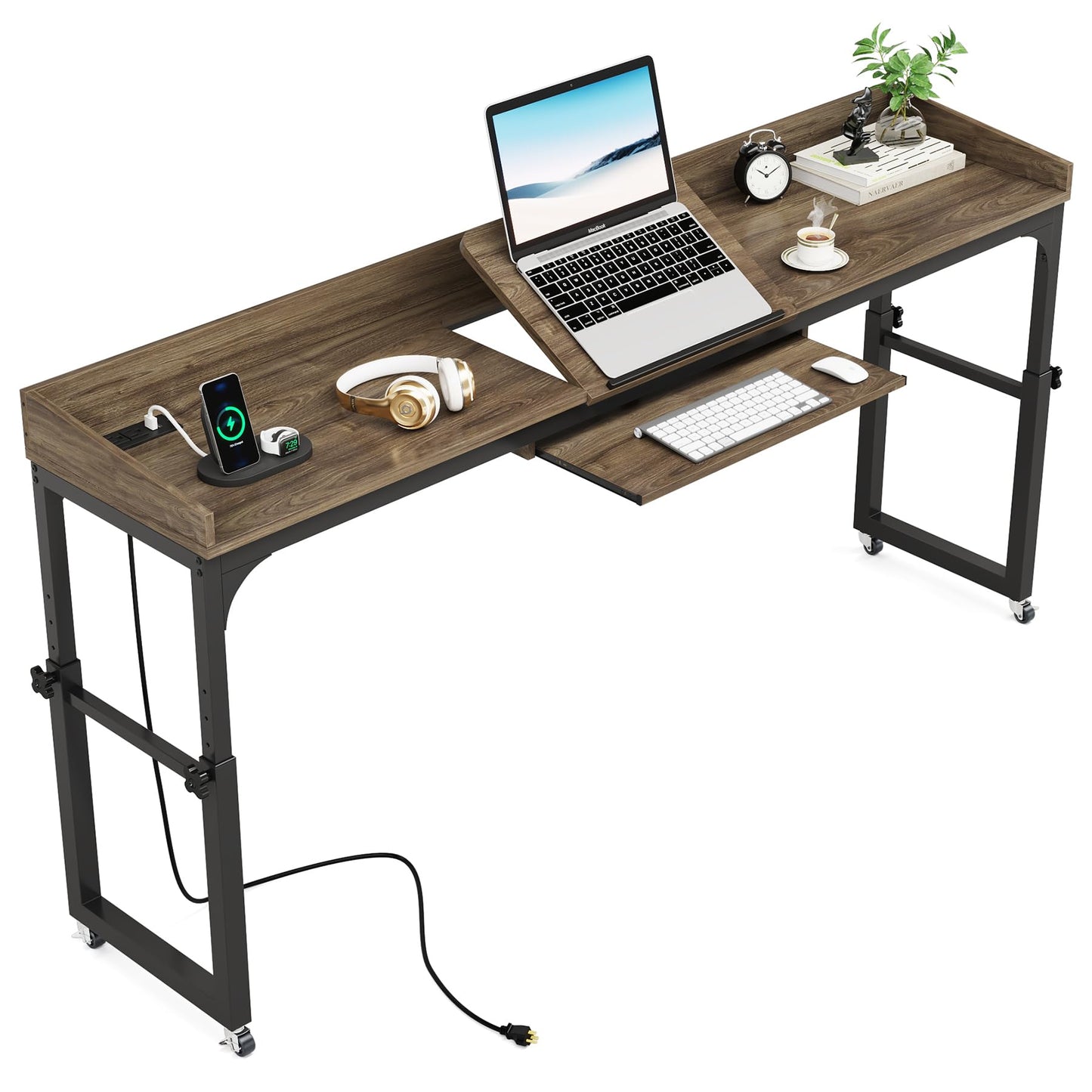 LITTLE TREE Overbed Table with Wheels Adjustable Height, Portable Rolling Table with Outlets & USB Ports for Queen Bed, Giant Computer Desk with Tilt Stand