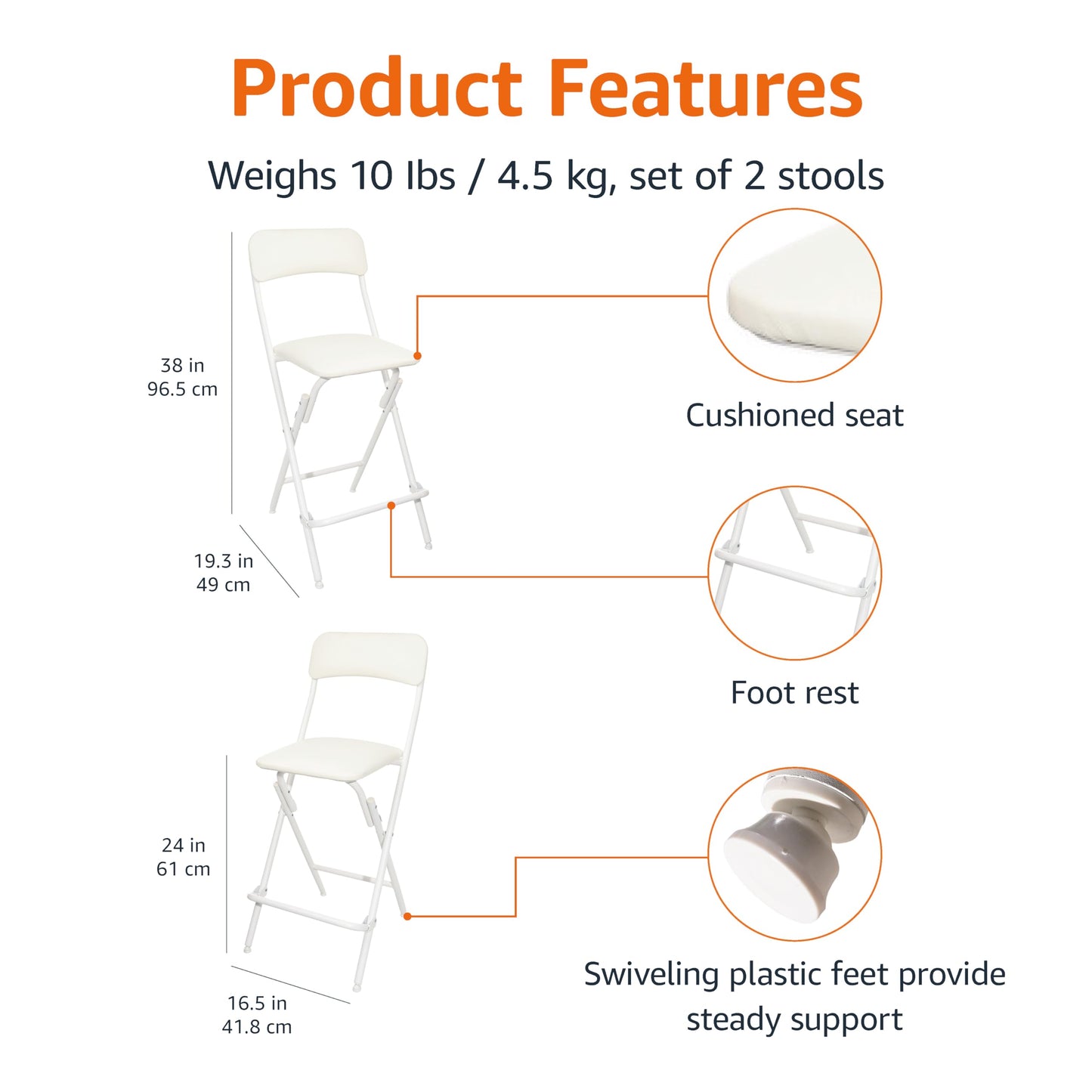 Amazon Basics Folding Stool with footrest, 300lb Capacity, 24" Height, White, Set of 2