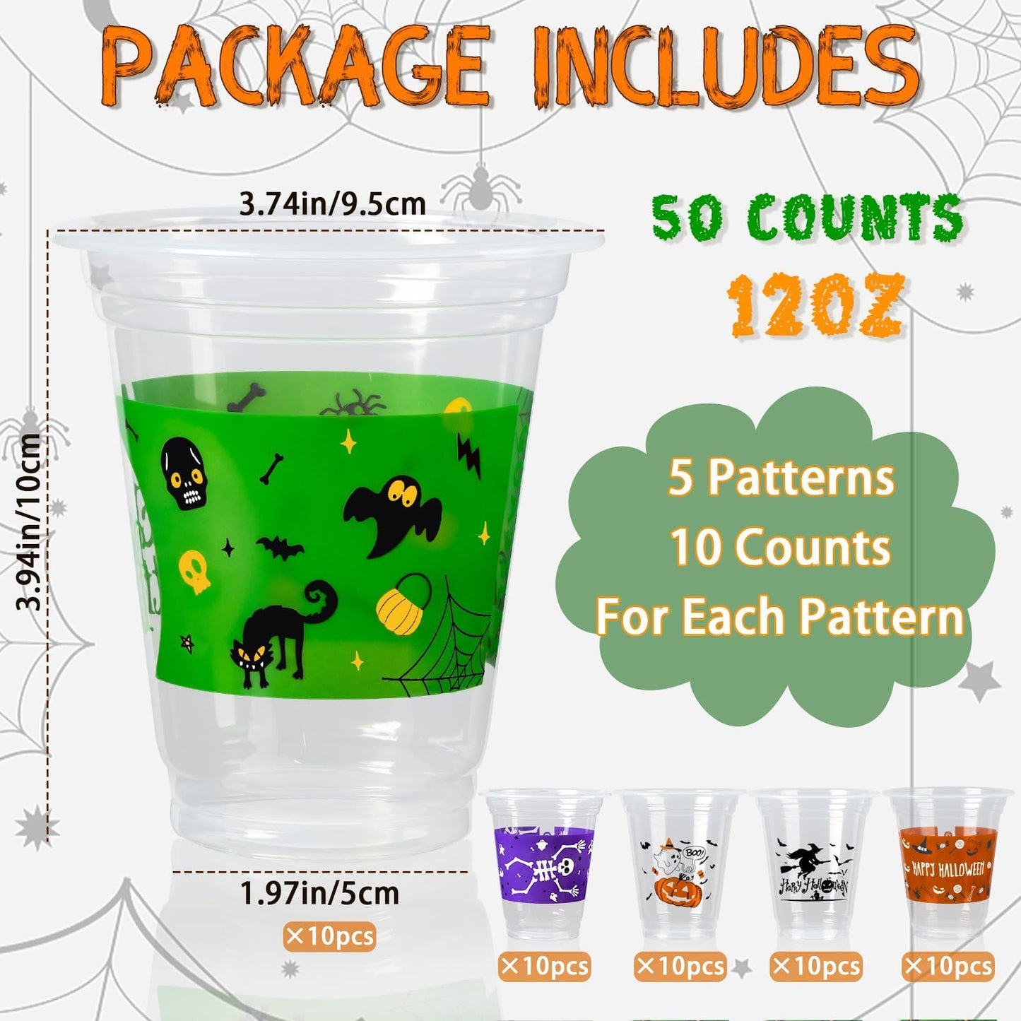 GuassLee 50 Pack Disposable Halloween Cups - Clear 12Oz Disposable Plastic Cups Set with 5 Styles Patterns for Kids Adults Halloween Party Favors Coffee Wine Hot Cold Drinks