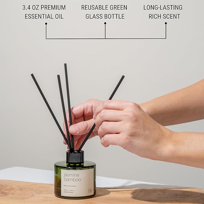 Craft & Kin Bamboo & Jasmine Christmas Reed Diffuser | All Natural Essential Oil & Rattan Scent Sticks | Holiday Reed Diffusers for Home, Bathroom | Long Lasting Home Fragrance in Green Glass, 3.4oz