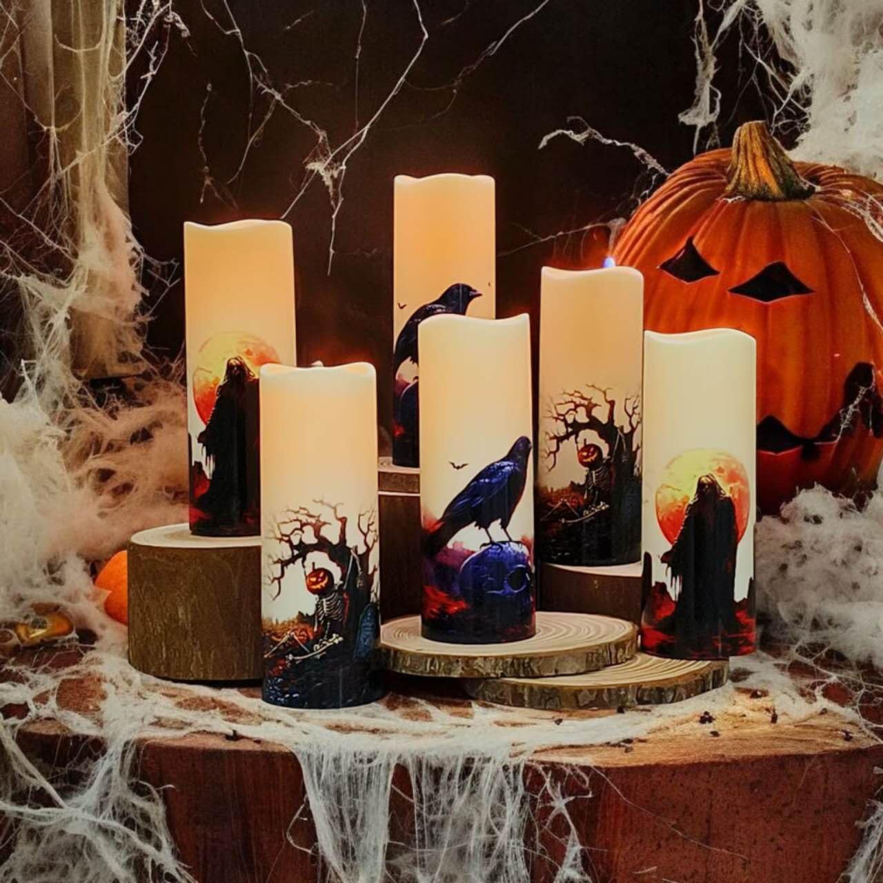 Halloween Flameless LED Candles, Set of 6, Gothic Design with Remote Control, 6 in x 2.15 in, 2AA Battery Operated 400+ Hours, Timer Function, Halloween Decorations in Fall, Indoor/Outdoor Ues.