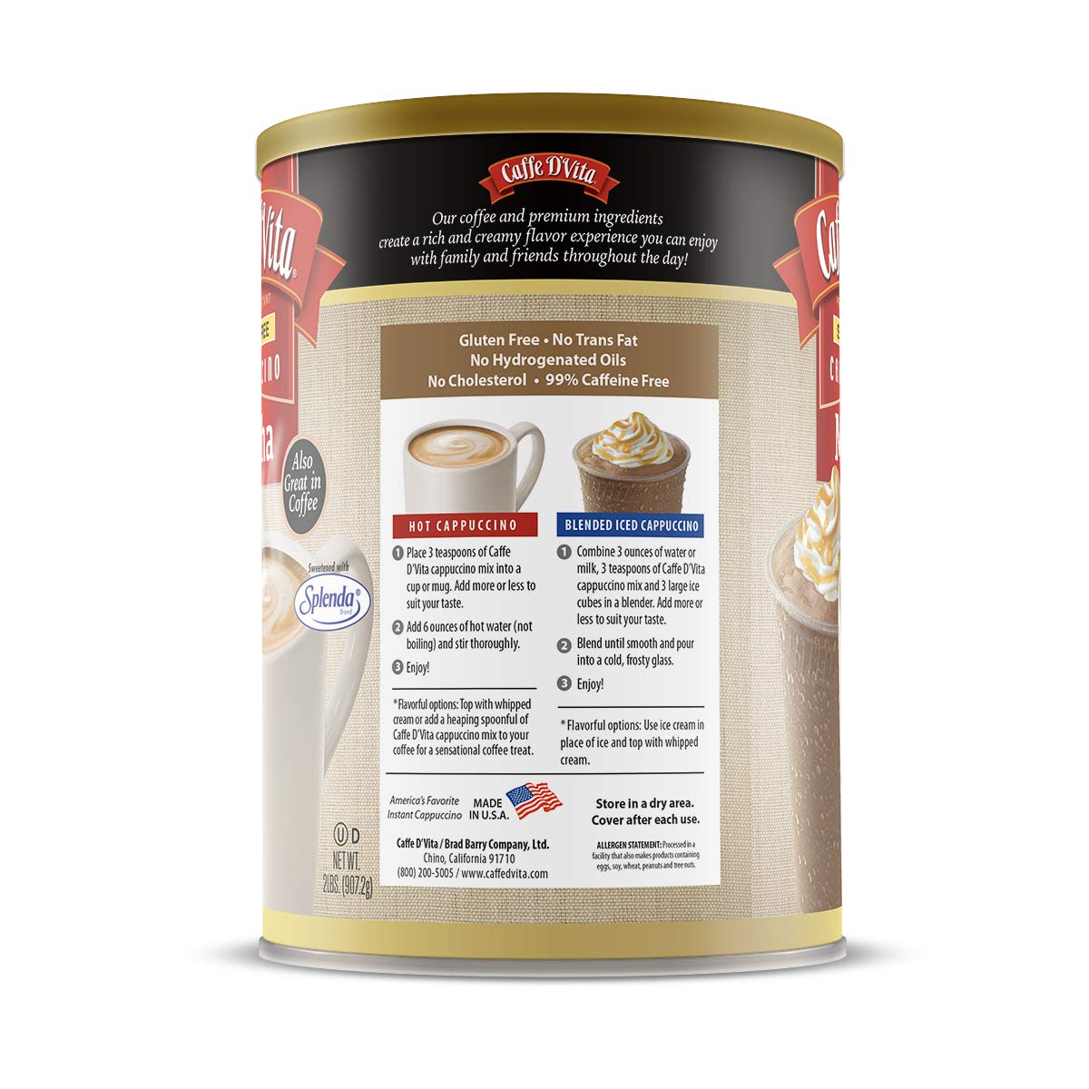 Caffe D'Vita Sugar Free Mocha Cappuccino Mix - Sugar Free Mocha Mix, Gluten Free, No Cholesterol, No Trans Fat, 99% Caffeine Free - 2 lb. (32 oz.) can