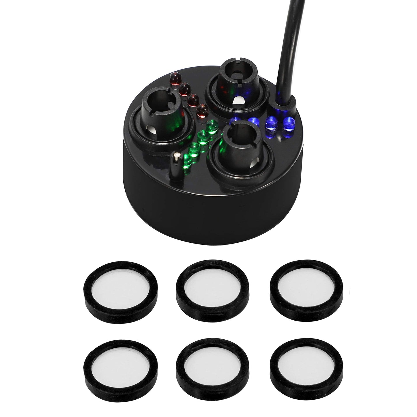 Mxmoonant 3 Head Ultrasonic Mist Maker LED Pond Fogger 1500ml/H Halloween Mister with 6 Ceramic Discs for Water Pond Aquarium Rockery Sink Black Plastic