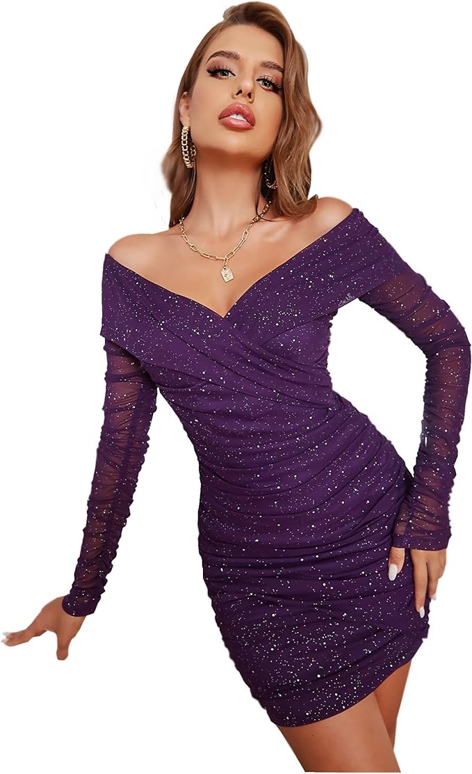 D&M Women's Off Shoulder Sparkly Dress Knitted Mesh Long Sleeve Open Back Ruched Bodycon Sexy Mini Party Dress