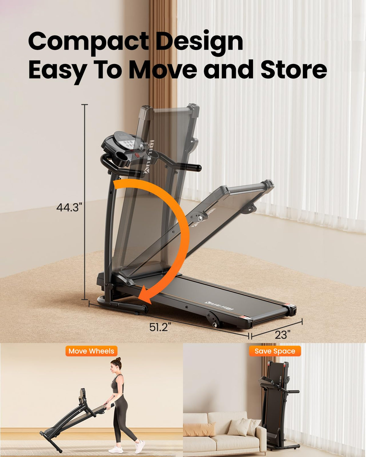 YUEJIQI Treadmills for Home, 3.0HP Folding Treadmill with Incline, Small Space Portable Running Machine, 240 Lbs Capacity with 12 Preset PROG, LED Display, Speaker and Cup Holder