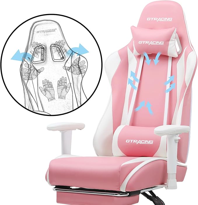 GTPLAYER Gaming Chair with Footrest, Ergonomic Computer Game Desk Chair, Reclining Game Chair Seat Height Adjustment, Swivel Rocker with Headrest and Lumbar (Pink)