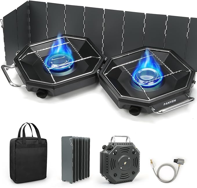 Camping Stove Propane, 2 Burner Camp Stove, 20,000 BTU Propane Camping Stoves, Portable Gas Stove with Windscreen, Storage...