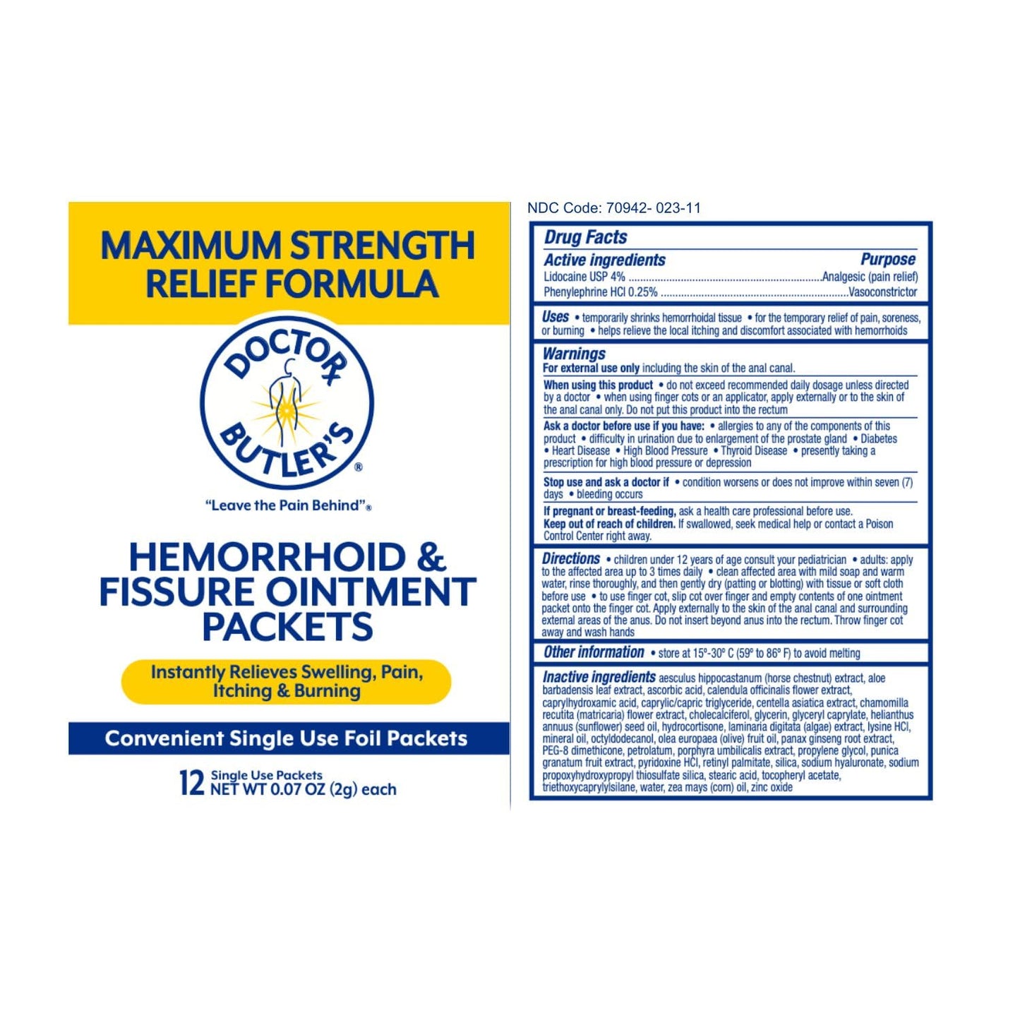 Doctor Butler's Maximum Strength Hemorrhoid & Fissure Ointment 12 to-Go Packets - Instant Pain Relief Hemorrhoid Treatment with Lidocaine, Internal & External Itching, Burning and Swelling Relief