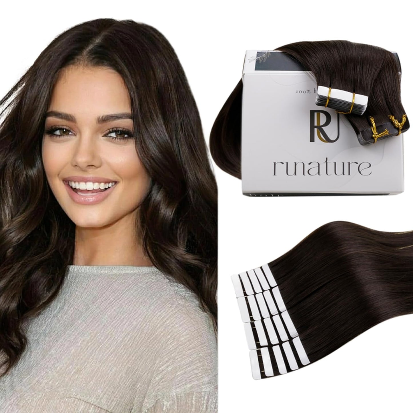 RUNATURE Brown Tape ins Human Hair Extensions 14 Inch Real Hair Tape on Extensions Straight Tape in Hair Extensions Human Hair C