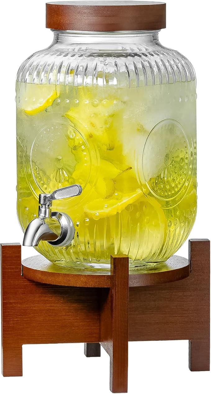 1 Gallon Glass Drink Dispenser with Acacia Wood Stand and Lid,Clear Embossed Beverage Dispenser with Stainless Steel Spigo...