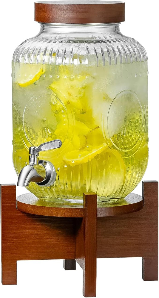 1 Gallon Glass Drink Dispenser with Acacia Wood Stand and Lid,Clear Embossed Beverage Dispenser with Stainless Steel Spigo...