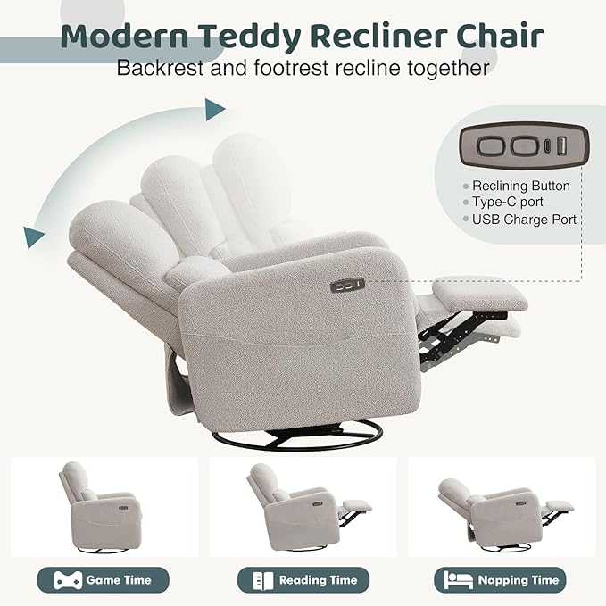 AEMEIOS Swivel Rocker Recliner, Power Recliner Glider with Removable Cushion, Oversized Upholstered Boucle Swivel Reclining Nursery Chairs for Living Room Bedroom, Teddy Grey
