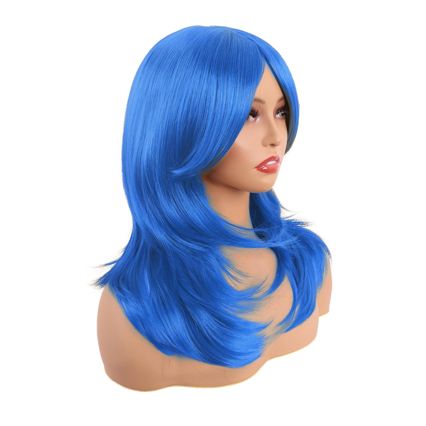 MapofBeauty 20 Inch/50 cm Long Layered With Bangs Straight Synthetic fiber Shoulder Length Hair Party Wig (Bright Blue)