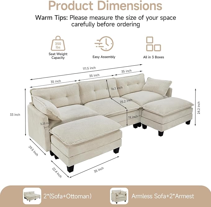 Amsleekey Modular Sectional Sofa, 111.5" U-Shaped Corduroy Comfy Sectional Couches for Living Room, 3-Seater Cloud Couches with 2 Movable Ottomans, Flexible Combination Modern Deep Seat Sofa (Beige)