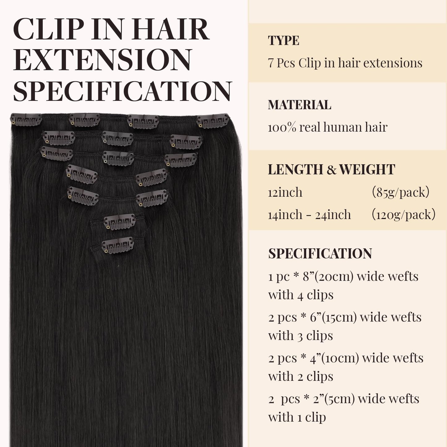 MAXITA Clip in Hair Extensions Real Human Hair, 20 Inch Natural Black 7pcs 120g, Remy Human Hair Extensions Clip in Real Hair Ex