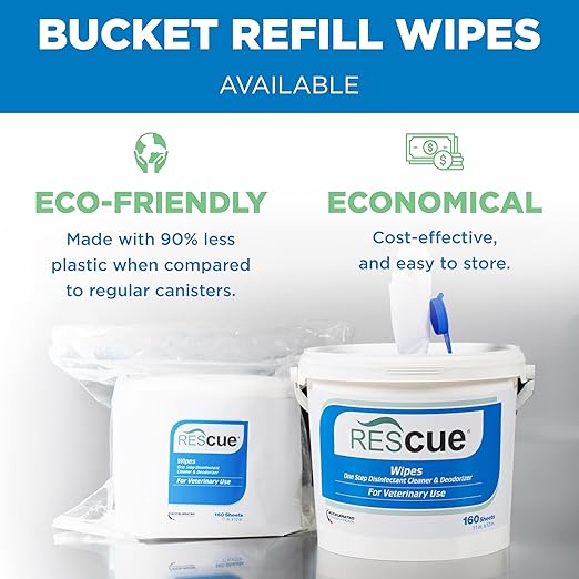 REScue One-Step Disinfectant Cleaner & Deodorizer Wipes for Vet Use – Cleaner for Kennels, Litter Boxes, Vet Offices, Pet Grooming Surfaces – Extra Large Wipes, 160-Count Bucket (1 Pack)