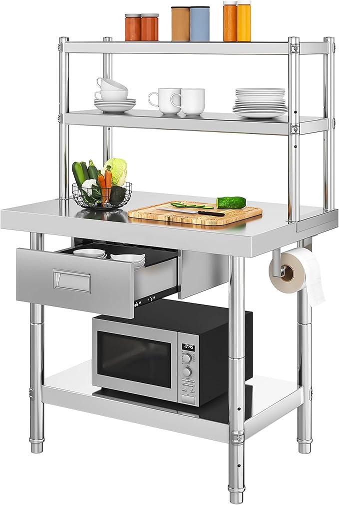 YITAHOME Stainless Steel Adjustable Work Table with 36" 12" Shelf, Overshelves & Drawer - NSF Metal Prep Table for Kitchen, Home, Restaurant & More