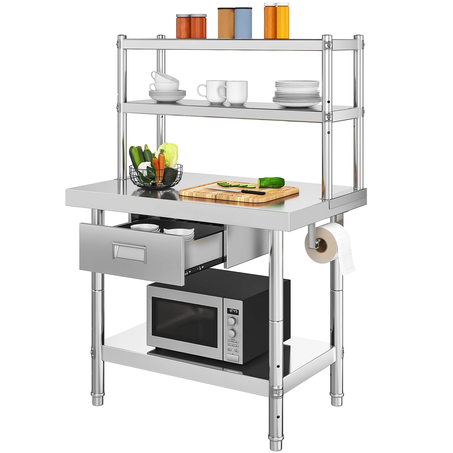 YITAHOME Stainless Steel Adjustable Work Table with 36" 12" Shelf, Overshelves & Drawer - NSF Metal Prep Table for Kitchen, Home, Restaurant & More