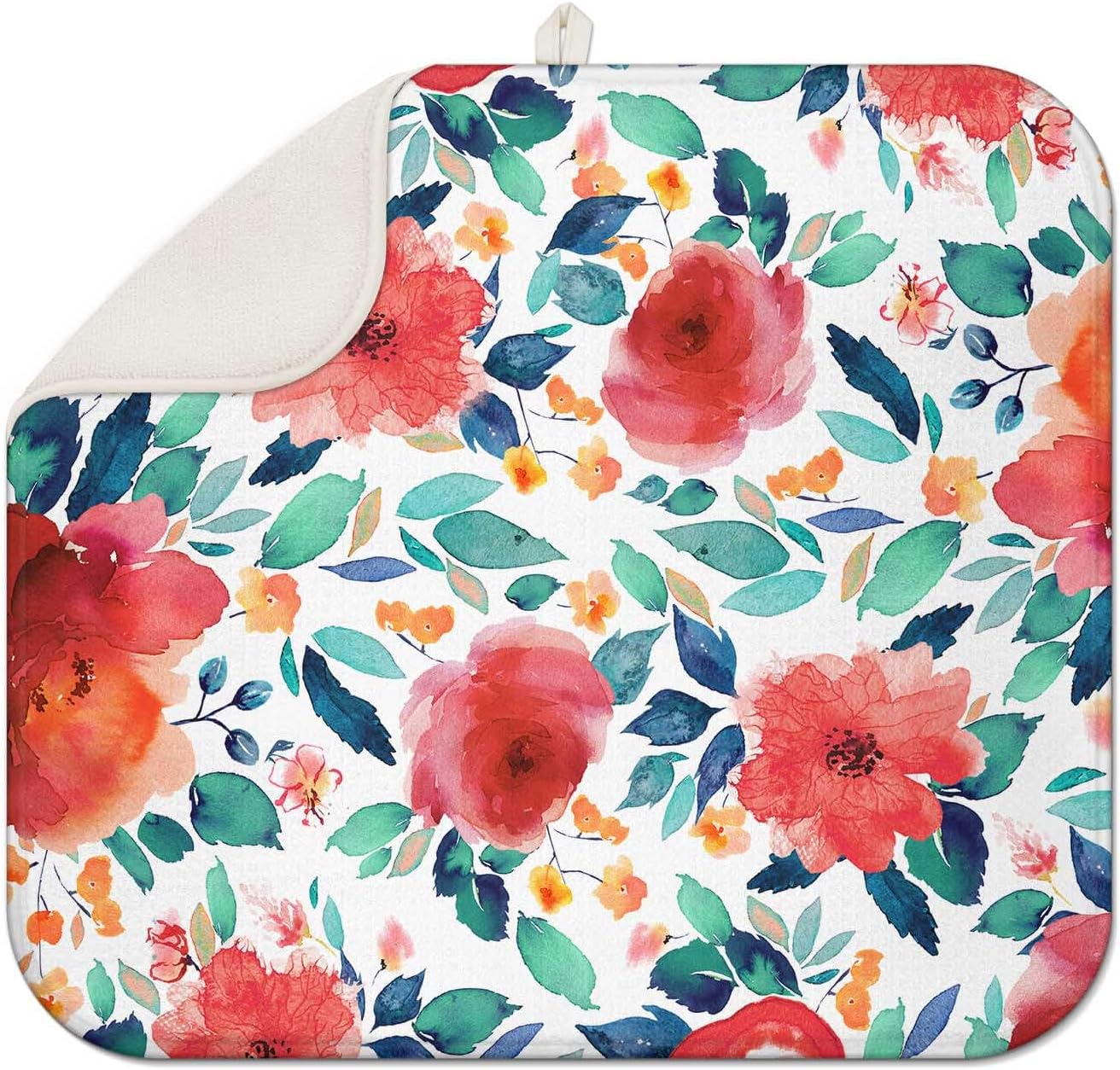 Spring Red Floral Large Dish Drying Mats, Reversible Dish Drying Pads for Kitchen Counter Foldable and Stored in a Drawer,18"x24" Extra Large Draining Mat Protect for Kitchen,Bar Counter,Coffee Make