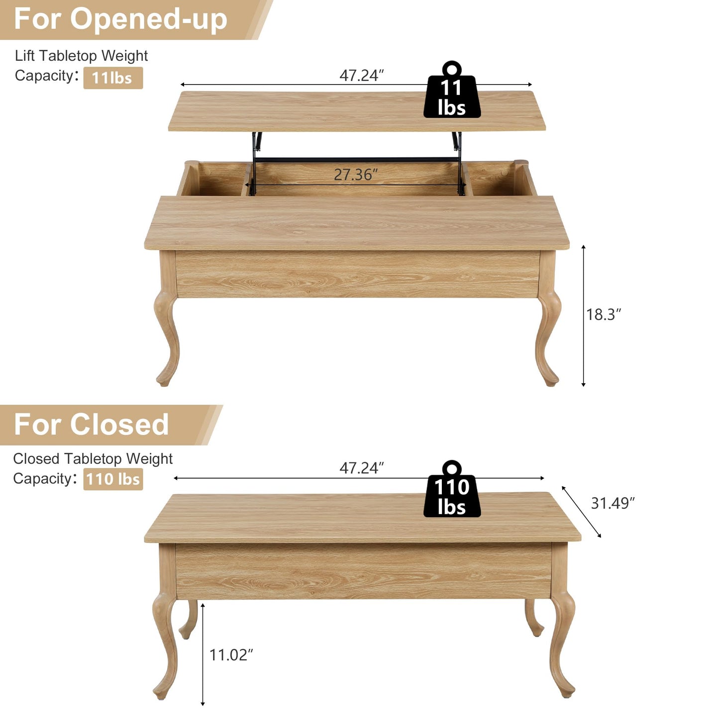 QEIUZON Lift Top Coffee Table, Farmhouse Coffee Table with Hidden Storage, Wood Center Table Dining Table for Living Room, Apartment, Home Office (Natural)
