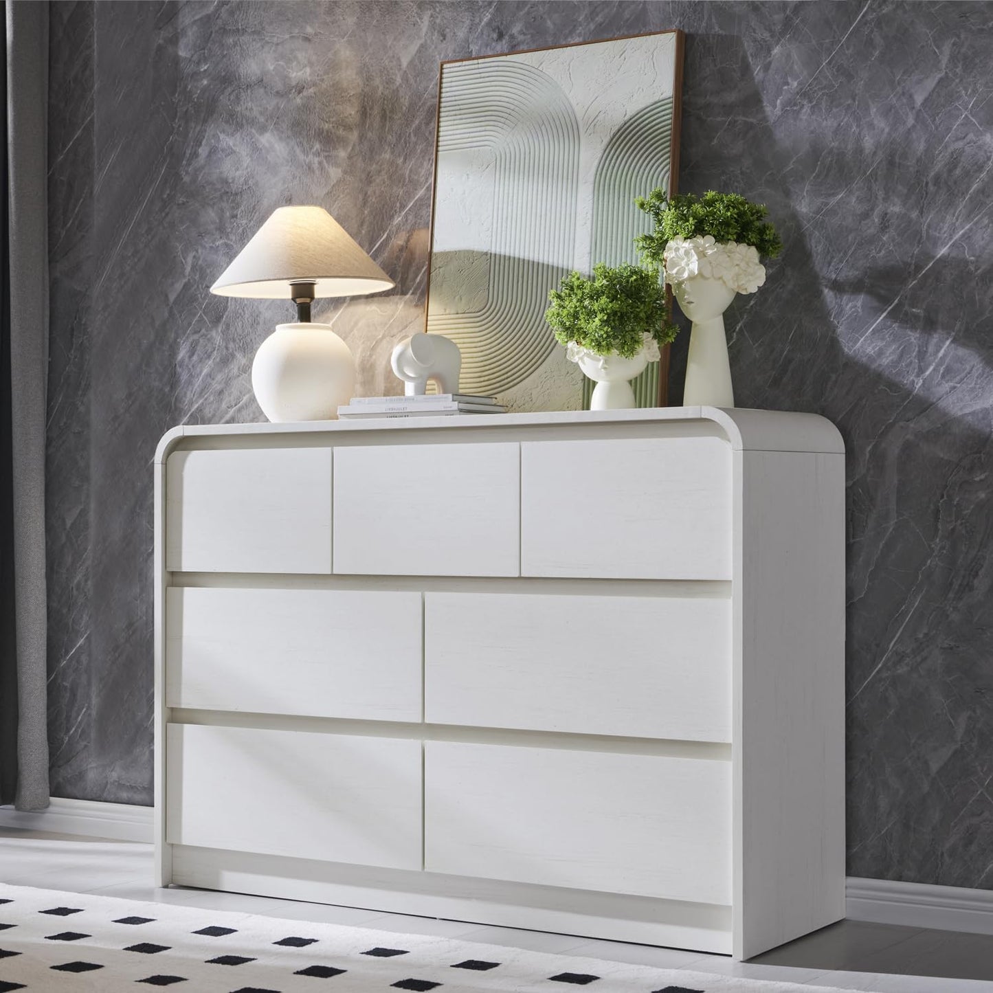 Aitjunz Modern 7 Drawers Dresser for Bedroom, 47" Wide Wood Dressers & Chests of Drawers w/Curved Profile Design, Mid Century Modern Dresser w/Natural Texture for Bedroom, Living Room,Antique White